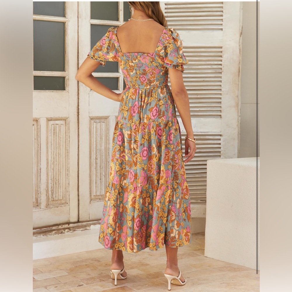 Orange and Pink Puff Sleeve boho Sundress - Picture 10 of 12